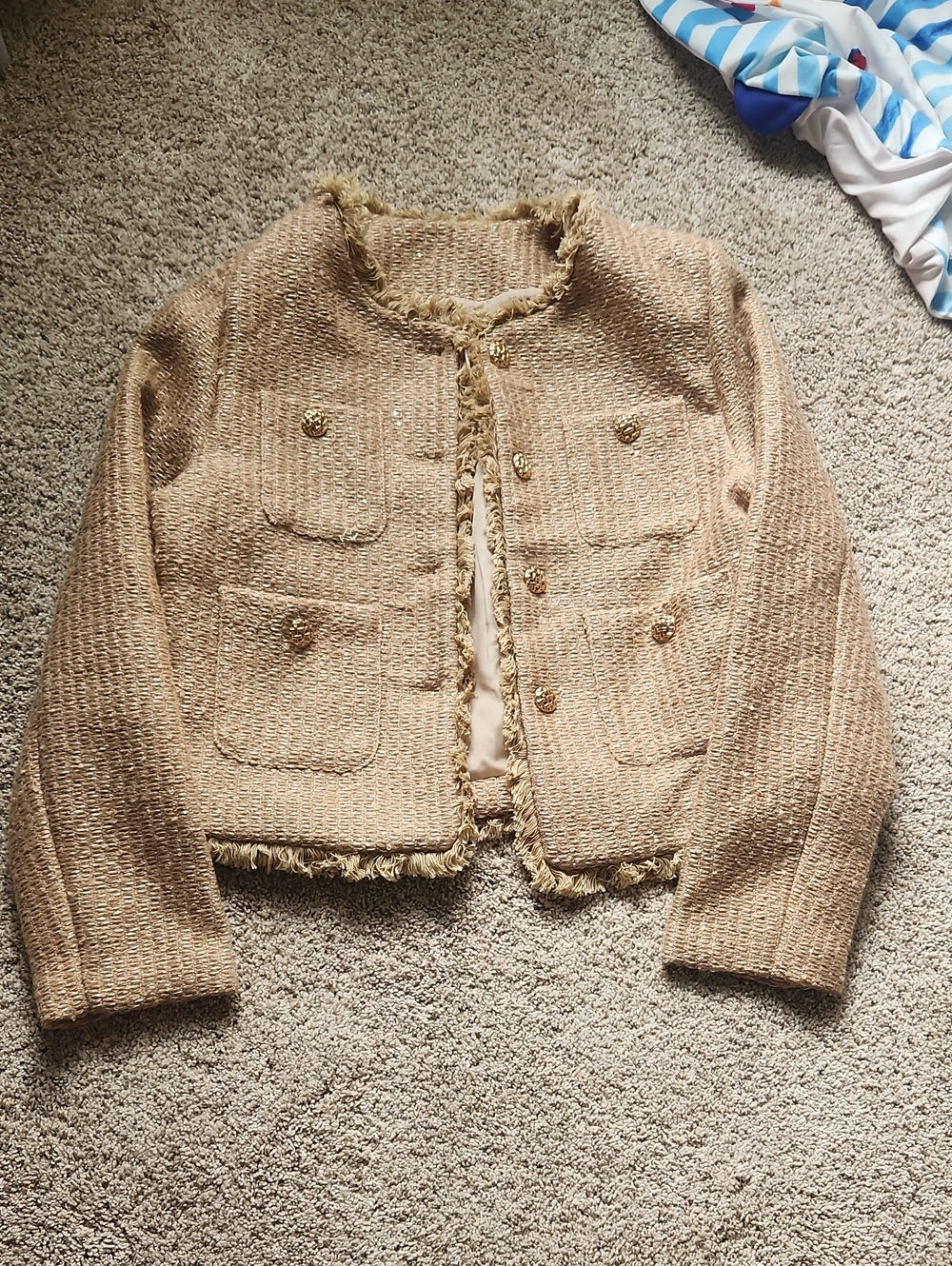 NWOT Textured Fringe Cropped Jacket in Tan - Picture 4 of 9